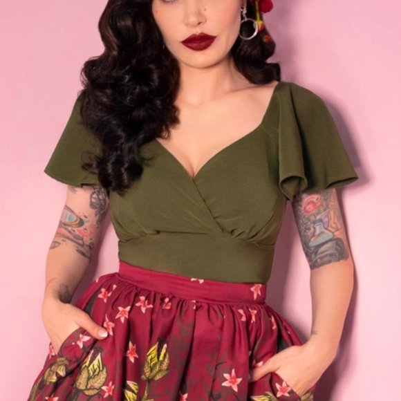 Vixen by Micheline Pitt Tops - Vixen by Micheline Pitt Babydoll Top Olive Green L